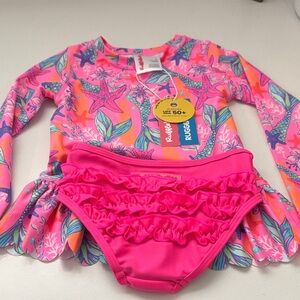 Ruffle Butts Pink and Blue Starfish Rashguard Set